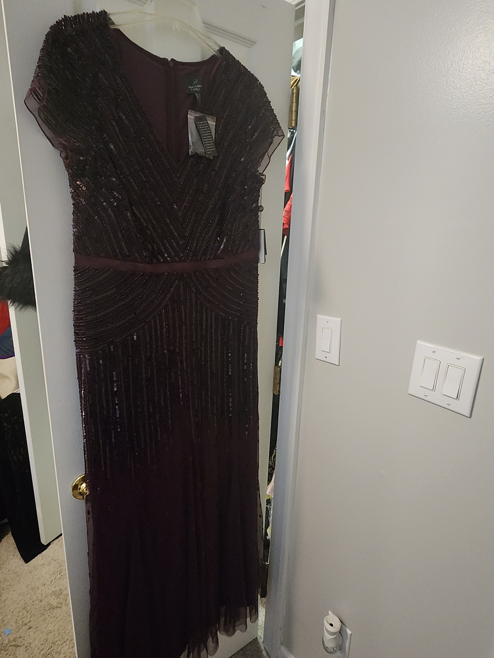 Adrianna Papell Beaded V-Neck Burgundy Formal (Long) Evening Dress - 16